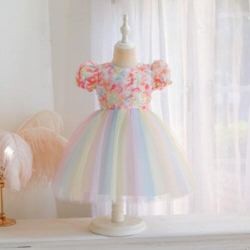 0-4Y Princess Kids Baby Girls Dress Colorful Puff Sleeve Flower Back Zipper Dress for Holiday Birthday Party Photography