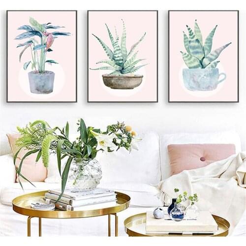 Succulent Plant Watercolor Nordic Green Pink Posters Print Cuadros Wall Pictures For Living Room Picture Wall Art Canva Painting