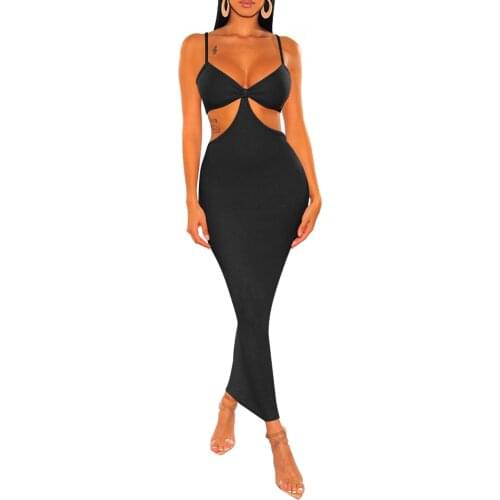 Puloru Sexy Spaghetti Straps Bodycon Sundress Women Solid Color Hollowed Waist Maxi Sheath Dress Party Club Office Lady Dress