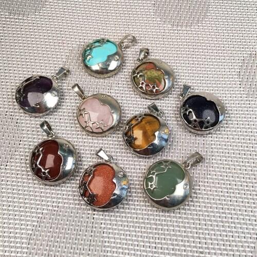 Natural Stone Pendant Moon Alloy Round Agates Crystal Charms for Jewelry Making DIY Necklace Accessories Reiki Healing 23x26mm