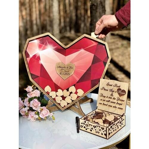Custom Red Heart Shaped Diamond Wedding Guest Book Alternative - Wedding Decor-Drop Heart Guestbook engagement drop top box