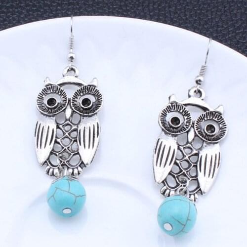 FYSL Silver Plated Wisdom Owl with Green Turquoises Stone Beads Dangle Earrings for Women Animal Jewelry