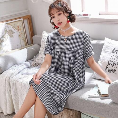 Spring and Summer New Ladies Nightdress Round Neck Plaid Short Sleeve Home Service Sexy Sleepwear Women Sleep Tops Nightwear