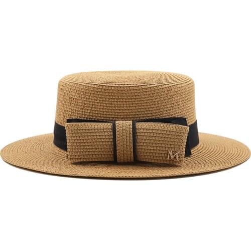 Simple Summer Women Sun Hats Girl Straw Hat Ribbon Bow Beach Hat Casual Ladies Straw Flat Top Panama Hat Bone Feminino