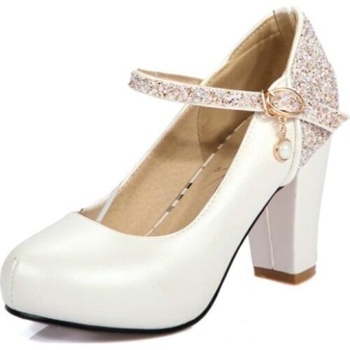 Big Size platform heels women shoes woman pumps ladies Round-head shallow-mouth one-word buckle water drill thick heel