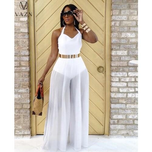 VAZN 2021 Top Sale See Through Sleeveless Street Wind Shinny Sexy Lady Women Party Beach Jumpsuits Full Pant Bandage Rompers