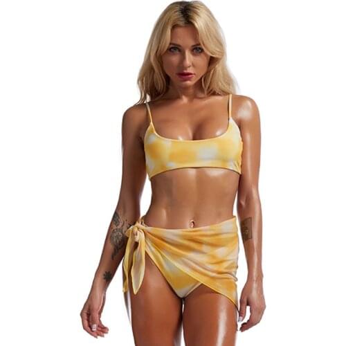 WTCandy 2021 New Plus Size Bikini XXL Tie Dye Swimsuit Women Yellow Sexy Micro Three Piece Swimwear with Cover Up Beach Biquini