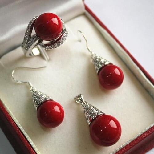 Womens Wedding Hot! beautiful new jewelry plated + 12mm vermilion red shell pearl pendant, earring, , ring