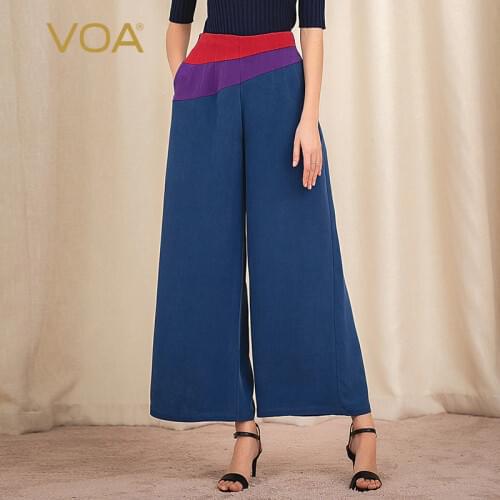 VOA Denim Blue 30M/m Heavy Silk Contrast Asymmetric Stitching Crisp Casual High-end Fat Leg Pants for Women K1094
