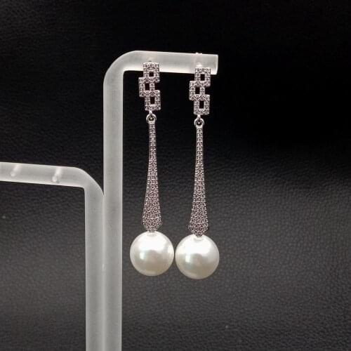 YYGEM 12MM Round White Sea Shell Pearl Cz Micro pave silver color plated geometric stud Earrings office style for women