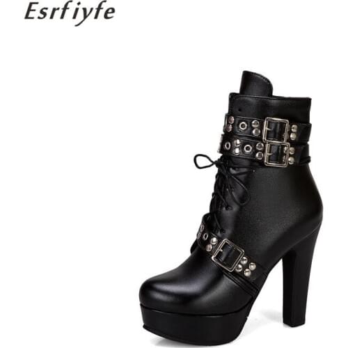 ESRFIYFE 2020 New Black Leather Women Shoes High Heels Autumn Winter Round Toe Ankle Boots for Women Platform Block Heels Shoes