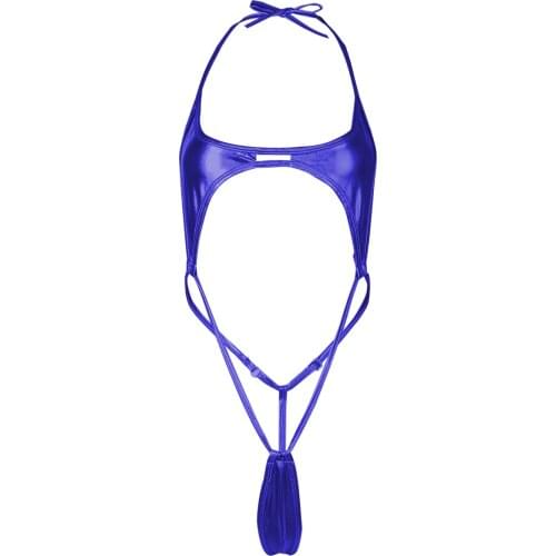 Women Patent Leather Lingerie underpants Suits Adjustable Lace-up Halter Neck High Cut Bikini Thong Bodysuit Swimwear