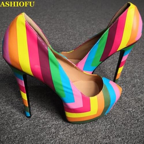 ASHIOFU New Real Photos Women High Heel Pumps Rainbow Party Prom Dress Shoes Multicolored Evening Fashion Pumps Court Shoes