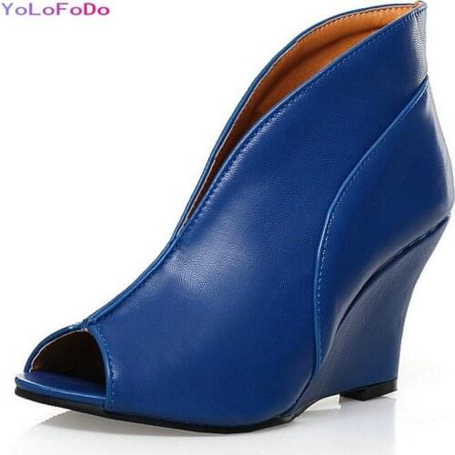 Plus Size PU Leather Women High Heel Shoes Fashion Peep Toe Wedges High Heel Women Pumps Dress Womans Shoes Black Blue White