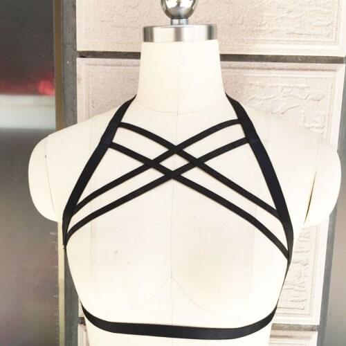 Women Sexy Lingerie Elastic Black BODY HARNESS CAGE BRA Cross Chest Harness Belt Neck Around Body Harness Bra