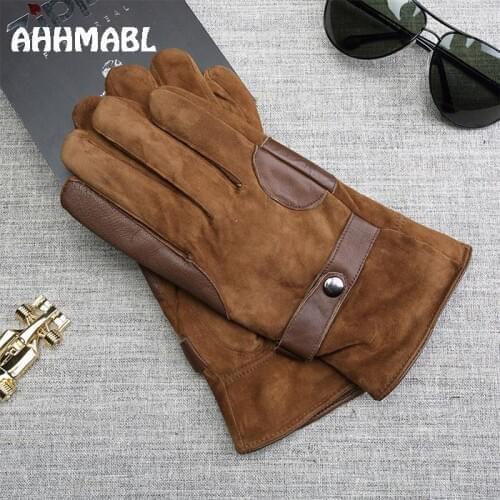 Winter Men Genuine Leather Gloves Touch Screen High Quality Solid Suede Sheepskin Driving Glove Button Fashion G585