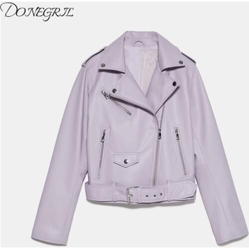 2020 Spring Autumn Pu Faux Leather Jacket Women White Black Zipper Slim Short Biker Jackets Coat Female Outwear With Sashes Tops
