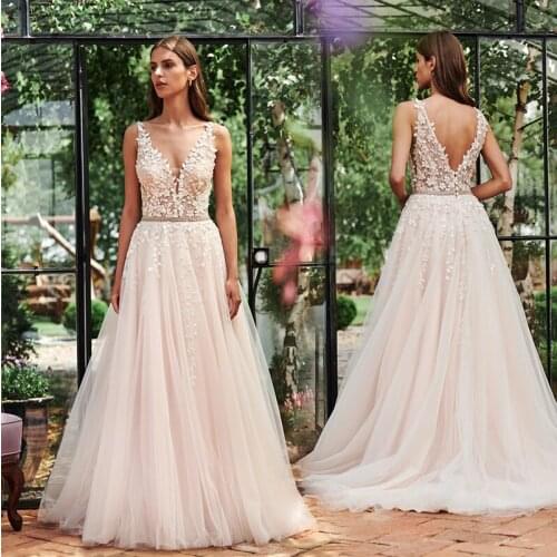 Boho Beaded A Line Wedding Dresses 2021 V-neck Backless 3D Appliques Country Bridal Gown Plus Size Custom Made