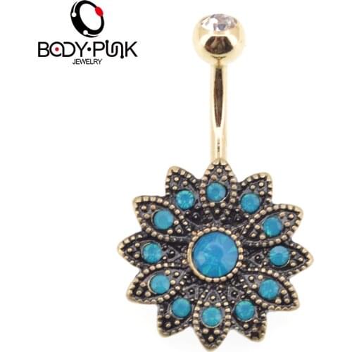 BODY PUNK Vintage Flower Navel CZ Center Filigree Curve Blue Crystal Belly ombligo/nombril Bottun Ring Trendy Piercing Jewelry