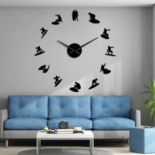 Surfing Silhouettes DIY Large Mute Wall Clock Water Sport Wakeboarding Surfers Home Decor Modern Watch With Art Mirror Stickers