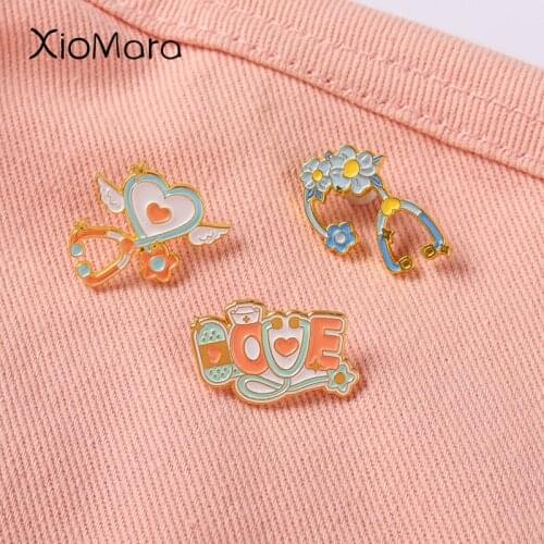 Doctors Stethoscope Lapel Pins Angle Wings Colorul Flower Brooches Nursing graduation Medical assistant Gifts