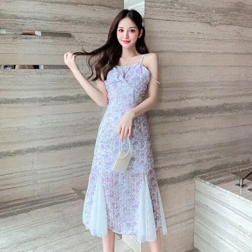 Floral Sling Long Dress Female Summer New Style French Retro High Waist Chiffon Dress Ruffles Mesh Midi Length Vestidos Mujer