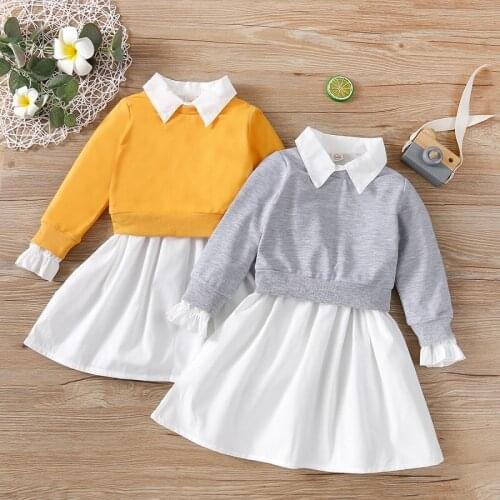 FOCUSNORM 1-6Y Autumn Lovely Kids Girls Dress+Sweatshirt 2pcs Outfits Solid Long Sleeve Single Breasted A-Line Dress