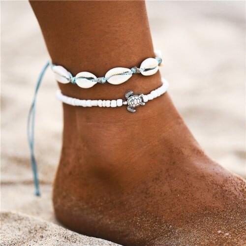 BLUESTAR Bohemian Silver Color Shell Starfish Pendant Anklets Set Vintage Handmade Wave Anklet for Woman Wholesale