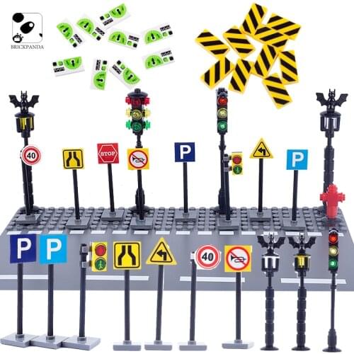 MOC City Traffic Lights No Parking Building Blocks Mini Bricks Scene Construction Minifigs Accessories DIY Road Signs Kid Toys