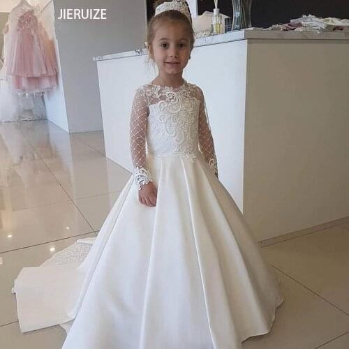 JIERUIZE White Satin Long Sleeves Flower Girl Dresses Lace Appliques Pearls Girl Pageant First Communion Dresses
