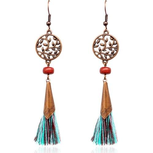 Round Tassel pendant earrings Round Flower Vine hollow Wood Beads Tassel Jewelry Women Fashion Jewelry Wholesale