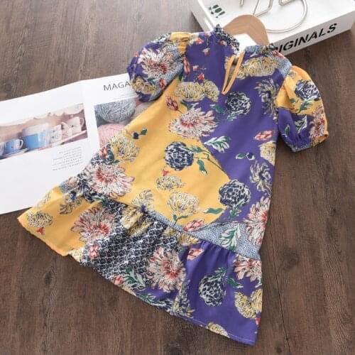 Menoea Girl Fashion Dreees Baby Girl Stitching Flower Print Summer Fancy Clothes Children Ruffles Party Vestidos For 3-7Y