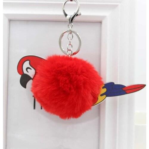 Fashion Furry Women Keychains Pompom Faux Rabbit Fur Ball Leather Parrot Key Chains Car Key Rings Fluffy Jewelry Christmas Gifts