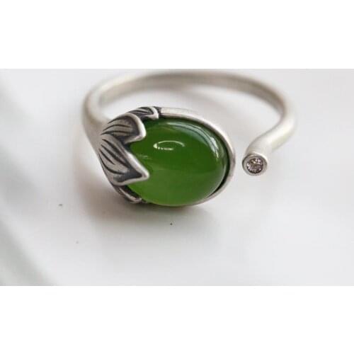 Natural Hetian jasper plant open ring Chinese style retro Thai silver bohemian elegant romantic charm womens brand jewelry