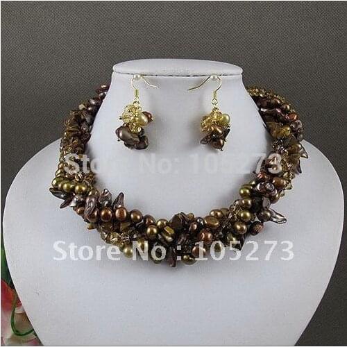 Wholesale Elegant jewelry set Brown crystal fresh water pearl necklace earring magnet clasp 5rows free shipping A2094