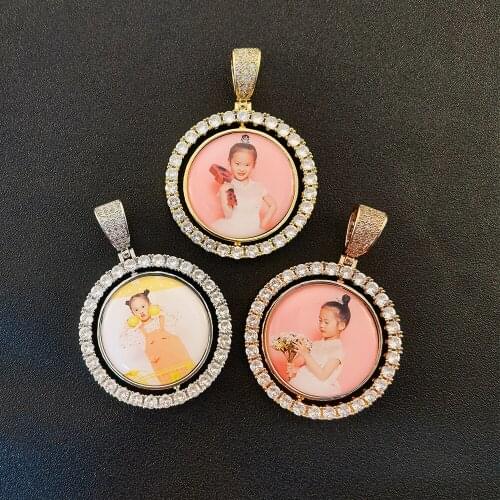 Custom Rotatable Round Gold Iced Out Hip Hop Necklace Sublimation Photo Locket Picture Pendant With Rope Chain