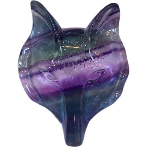 Natural colorful fluorite Quartz Wolf skull Crystal Hand Carved Healing