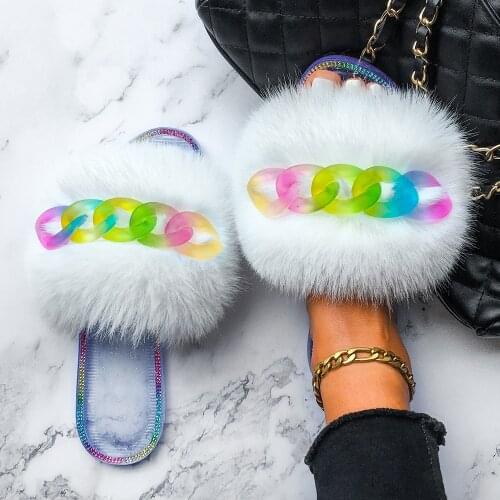 Slippers Women Summer Color Chain Furry Fur Slides Sweet Ladies Flip Flops Transparent Sandals Flat Jelly Slippers Casual Shoes