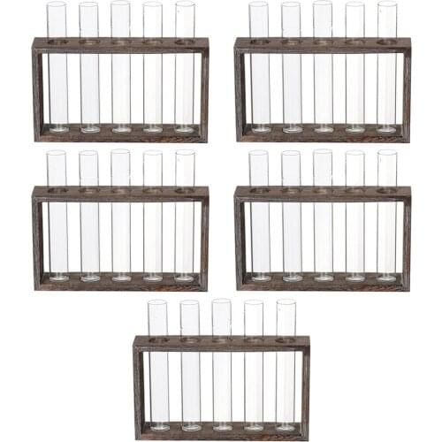 5Pcs Retro Glass Flowerpot, Clear Glass Tube Hydroponic Vase with Vintage Wooden Stand for Office Desktop Decoration