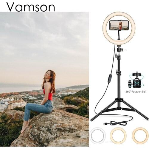 Vamson LED Selfie Ring Light Photography Ring Light Stand Light Dimmable for Camera Phone Tripod Ring Lamp Stand Studio VLS06C