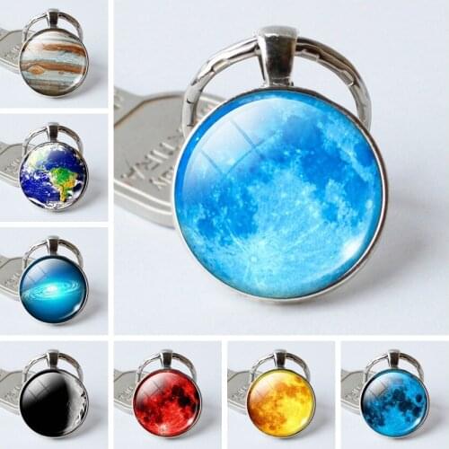 Vintage Moon Sky Star Blue Earth Time Gem Key Rings Round Universe Landscape Pendant Keychain Gift For Friends 1PCS