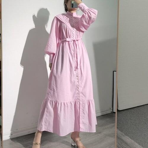 Spain Ruched Folding Neck Women Long Dress Spring Puff Sleeves Pink &Blue Sashes Belt Casual Street Lady Dresses Vestidos