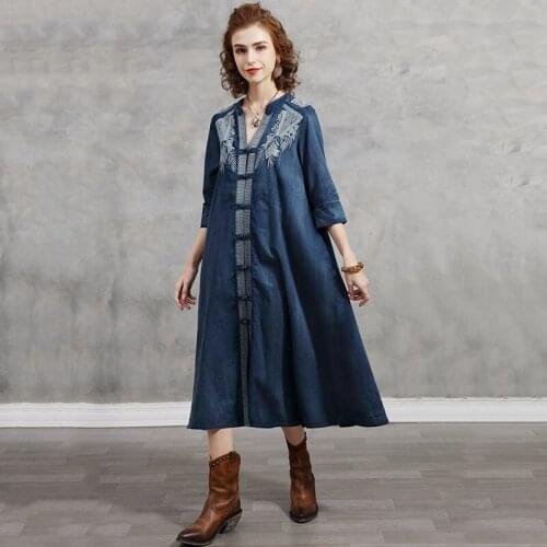 SeeBeautiful Embroidery Loose Denim Dress V-neck half Sleeve New Fashion Summer 2021 Woman E277