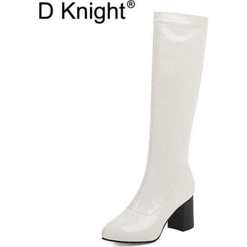 2020 Patent Leather Knee High Boots Platform Winter Boots Women Side Zip Long Boots Round Toe High Heel Shoes Women Boot Size 43