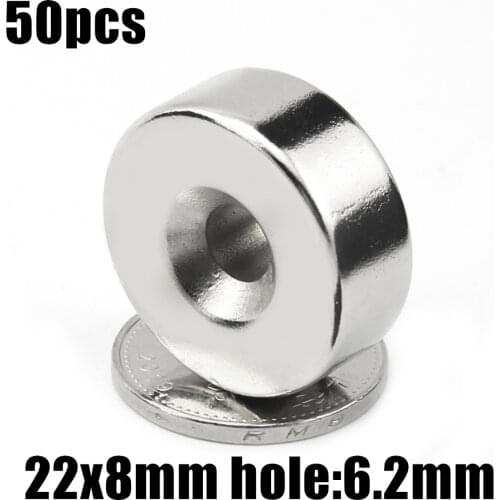 50pcs 22 x 8 mm Hole: 6.2mm super Strong Round Neodymium Countersunk Ring Magnets Rare Earth N50 Free Shipping