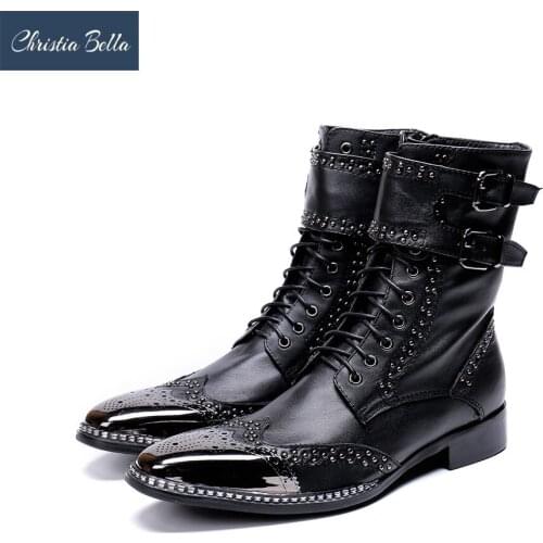Christia Bella Brand New Men Shoes Pointed Metal Tip Knight Boot Men zapatos de hombre Black Genuine Leather Combat Boots Men