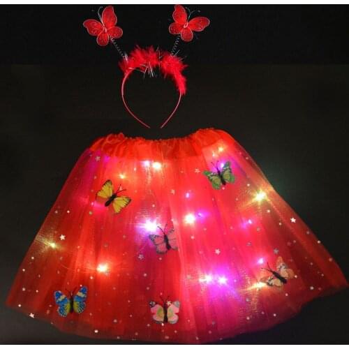 Children Girl Light Glow Star Butterfly Tutu LED Skirt Headband Head Wear Valentines Day Easter Wedding Birthday Party Gift