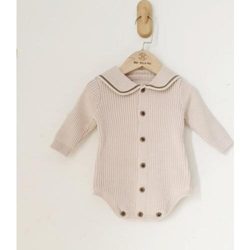 Infant Newborn Baby Girls' Rompers Autumn New Long Sleeve Jumpsuits Pure Color Front Open Button Knitted Romper 0-18M