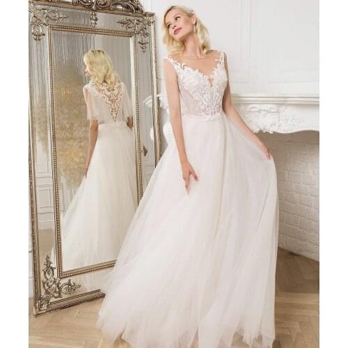 Elegant Long Lace Ivory Wedding Dresses A-Line Button Back Tulle Robes De Mariée Bridal Gown For Women