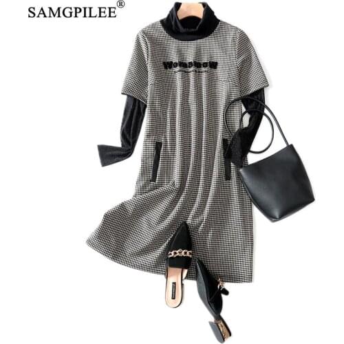 Elegant Dresses For Women 2021 New A-line Plaid Womens Dress Full Sleeve Knee-length Turtleneck Plus Size Woman Clothing 4XL